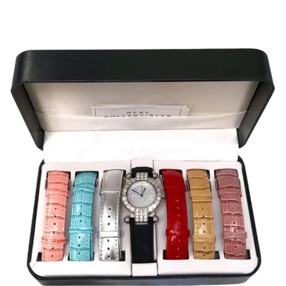 REAL COLLECTIBLES BY ADRIENNE WATCH SET CRYSTAL BEZEL & 7 COLORFUL BANDS - NIB